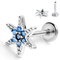 16G 5/16 Blue CZ Gem Lavish Star Internally Threaded Labret Tragus
