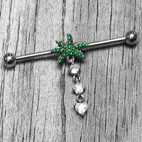 14G Clear Gem Palm Tree Love Dangle Industrial Barbell 38mm