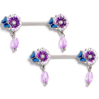14G Purplish Passion Flower Butterfly Dangle Nipple Ring Set