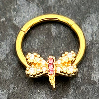 16G 3/8 Pink Gem Gold Tone Dragonfly Drama Hinged Segment Ring