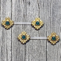 14G 9/16 Blue Gem Bioplast Deco Age Barbell Nipple Ring Set
