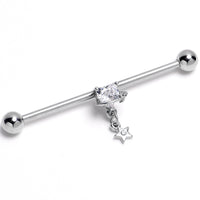 14G Clear Gem Starry Heart Dangle Industrial Barbell 38mm