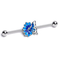 14G Clear Gem Butterfly Blossom Blue Industrial Barbell 38mm