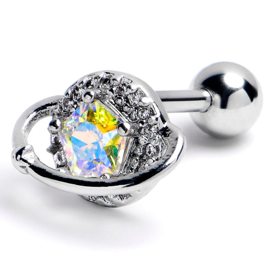 16G 1/4 Aurora CZ Gem Textured Saturn Cartilage Tragus Earring