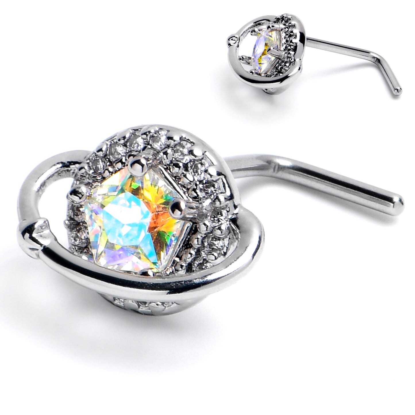 20G 1/4 Aurora CZ Gem Textured Saturn L Shape Nose Ring