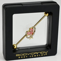 14G Clear Pink Gem Gold Tone Circle Heart Industrial Barbell 38mm