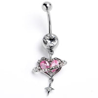 Clear Pink CZ Gem Starry Heart Dangle Belly Ring