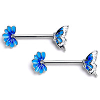 14G 9/16 Clear CZ Gem Butterfly Blossom Blue Barbell Nipple Ring Set