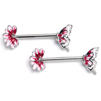 14G 9/16 Clear CZ Gem Butterfly Blossom Pink Barbell Nipple Ring Set