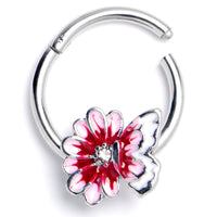 16G 3/8 Clear CZ Gem Butterfly Blossom Pink Hinged Segment Ring