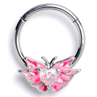 16G 3/8 Pink CZ Gem Heart Butterfly Pink Hinged Segment Ring