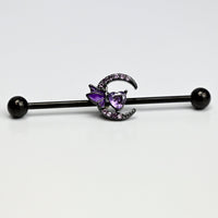 14G Purple Gem Black Moon Butterfly Heart Industrial Barbell 38mm