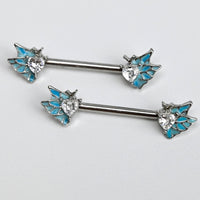 14G 9/16 Clear Gem Heart Butterfly Blue Barbell Nipple Ring Set