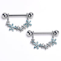 14G 9/16 Blue CZ Gem Flower Chain Dangle Nipple Ring Set