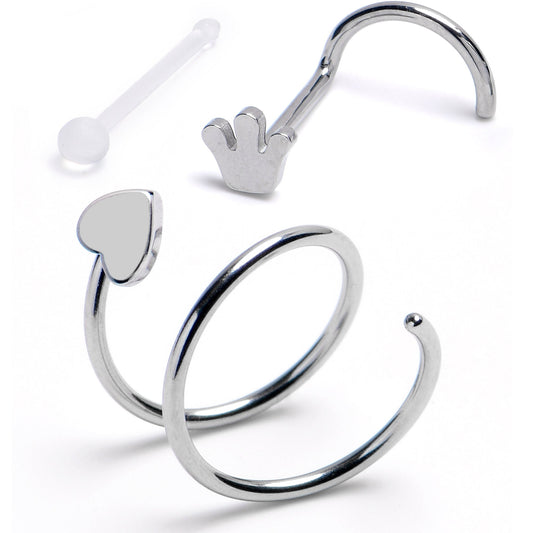 20G Spiral Heart Crown Acrylic Nose Ring Set of 3