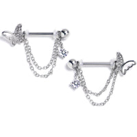 14G 9/16 Clear Gem Butterfly White Chain Dangle Nipple Ring Set