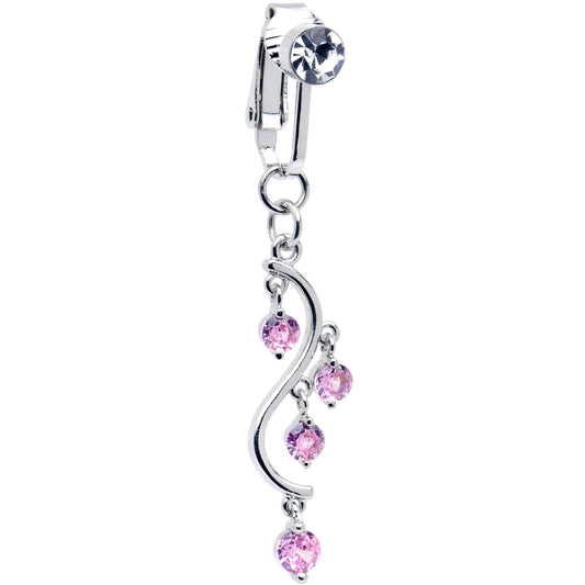 Pink CZ Gem Swirl Dangle Clip on Fake Belly Ring