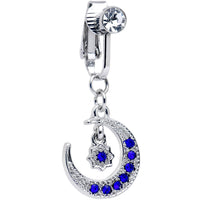 Blue CZ Gem Moon And Star Dangle Clip on Fake Belly Ring