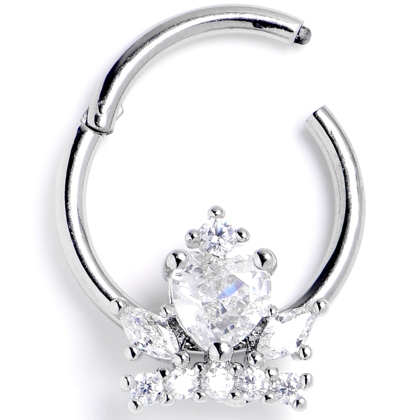 16G 3/8 Clear Gem Heart Crown Hinged Segment Ring