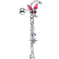 16G 1/4 Clear Gem Butterfly Pink Beauty Dangle Cartilage Earring