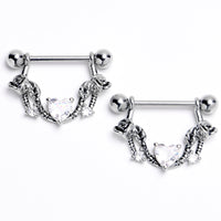 14G 9/16 Clear CZ Gem Serpentine Hearts Dangle Nipple Ring Set