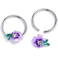 14G 9/16 Clear Gem Faerie Flower Purple BCR Captive Ring Set