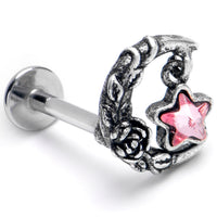 16G 5/16 Pink Gem Ornate Moon Star Labret Monroe Tragus