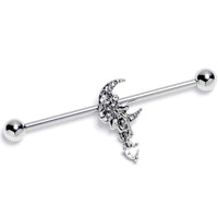 14G Clear CZ Gem Moon Bow Heart Dangle Industrial Barbell 38mm