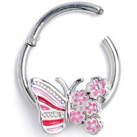 16G 3/8 Clear Gem Flowery Butterfly Pink Hinged Segment Ring