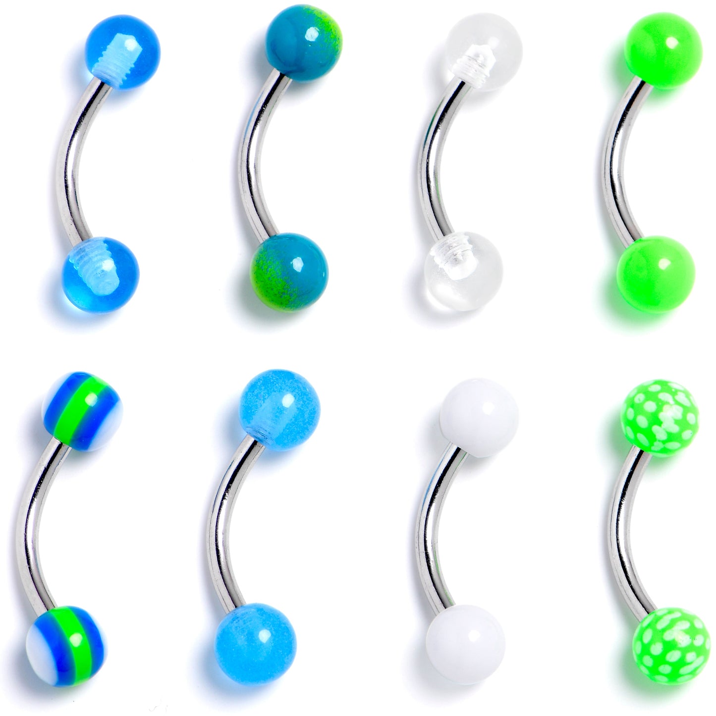 16G 5/16 Multi Blue White Green Curved Eyebrow Ring Set of 8