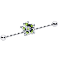 14G Clear CZ Gem Go Green Flower Industrial Barbell 38mm