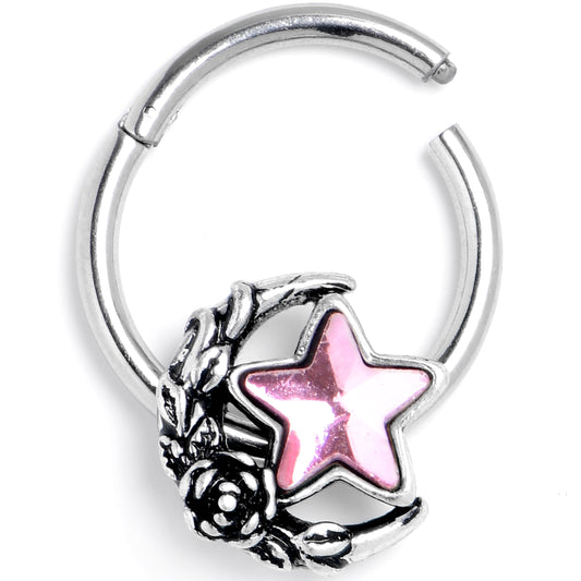 16G 3/8 Pink Gem Ornate Moon Star Hinged Segment Ring