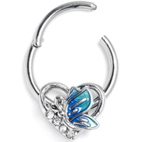 16G 3/8 Clear Gem Butterfly Love Heart Blue Hinged Segment Ring