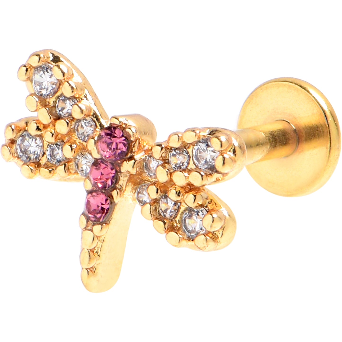 16G 5/16 Clear Pink Gem Gold Tone Dragonfly Drama Labret Tragus