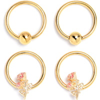 16G 3/8 Gold Tone Regal Rose BCR Captive Ring Set of 4