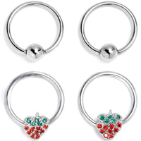 16G 3/8 Red Green Gem Strawberry BCR Captive Ring Set of 4