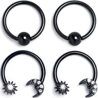 16G 3/8 Clear Gem Black Moon Sun BCR Captive Horseshoe Set of 4