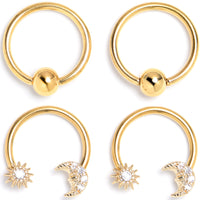 16G 3/8 Clear Gem Gold Tone Moon Sun BCR Captive Horseshoe Set of 4