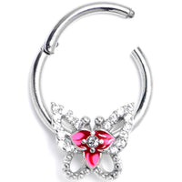 16G 3/8 Clear Gem Fabulous Butterfly Pink Hinged Segment Ring