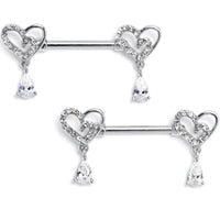 14G 9/16 Clear CZ Gem Asymmetrical Heart Dangle Nipple Ring Set