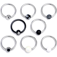 16G 3/8 Clear Black Gem Mix Black White BCR Captive Ring Set of 8