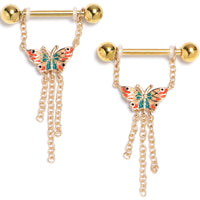 14G 9/16 Gold Tone Sunrise Butterfly Dangle Nipple Ring Set