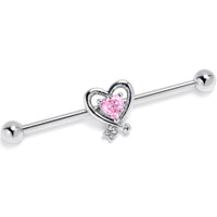 14G Pink CZ Gem Wrapped in Heart Industrial Barbell 38mm