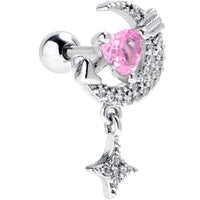 16G 1/4 Pink CZ Gem Moon Lover Cartilage Tragus Earring