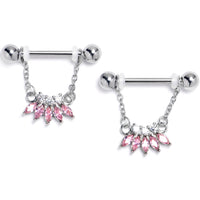 14G 9/16 Pink Gem Fashion Fan Chain Dangle Nipple Ring Set