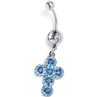 Clear Gem Beautifully Blue Flower Cross Dangle Belly Ring