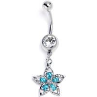 Clear Blue Gem Double Flower Glam Dangle Belly Ring