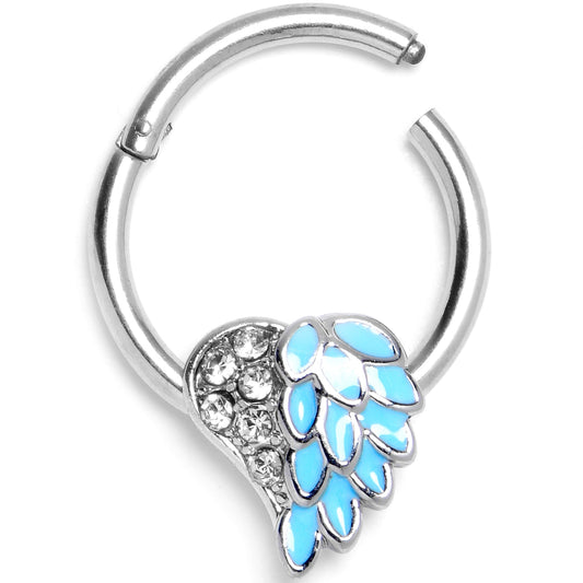 16G 3/8 Blue Heavenly Heart Angel Wings Hinged Segment Ring