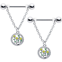14G 9/16 Clear Gem Cat Yellow Flowers Chain Dangle Nipple Ring Set