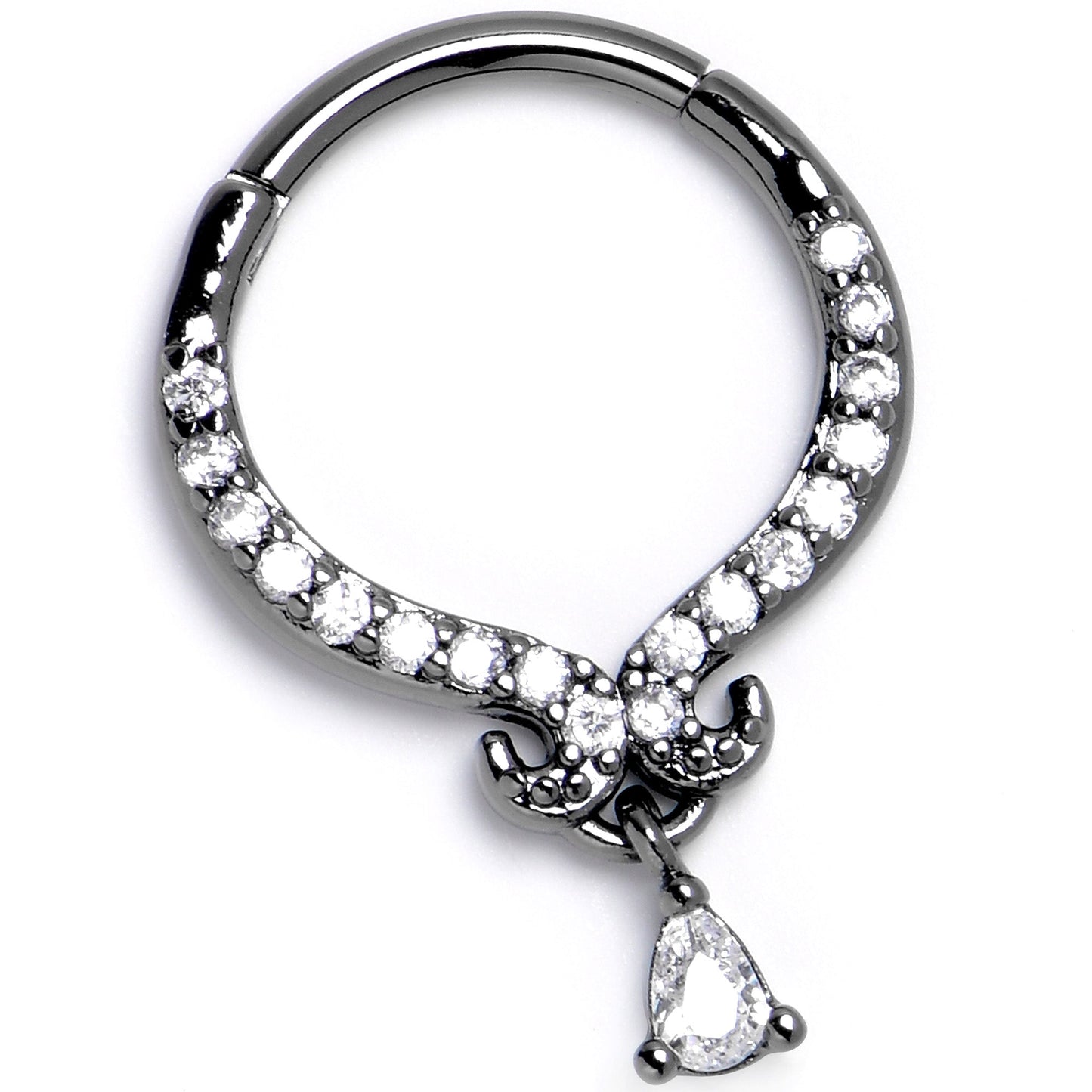 16G 3/8 Clear CZ Gem Black Elegant Curves Hinged Segment Ring